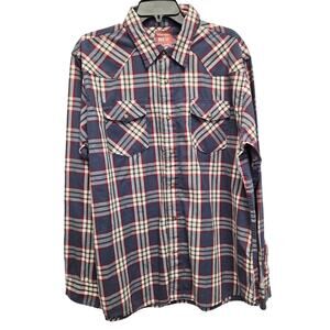 Wrangler Red Mens XL PolyCotton Long Sleeve Plaid Pearl Snap Up Western Shirt